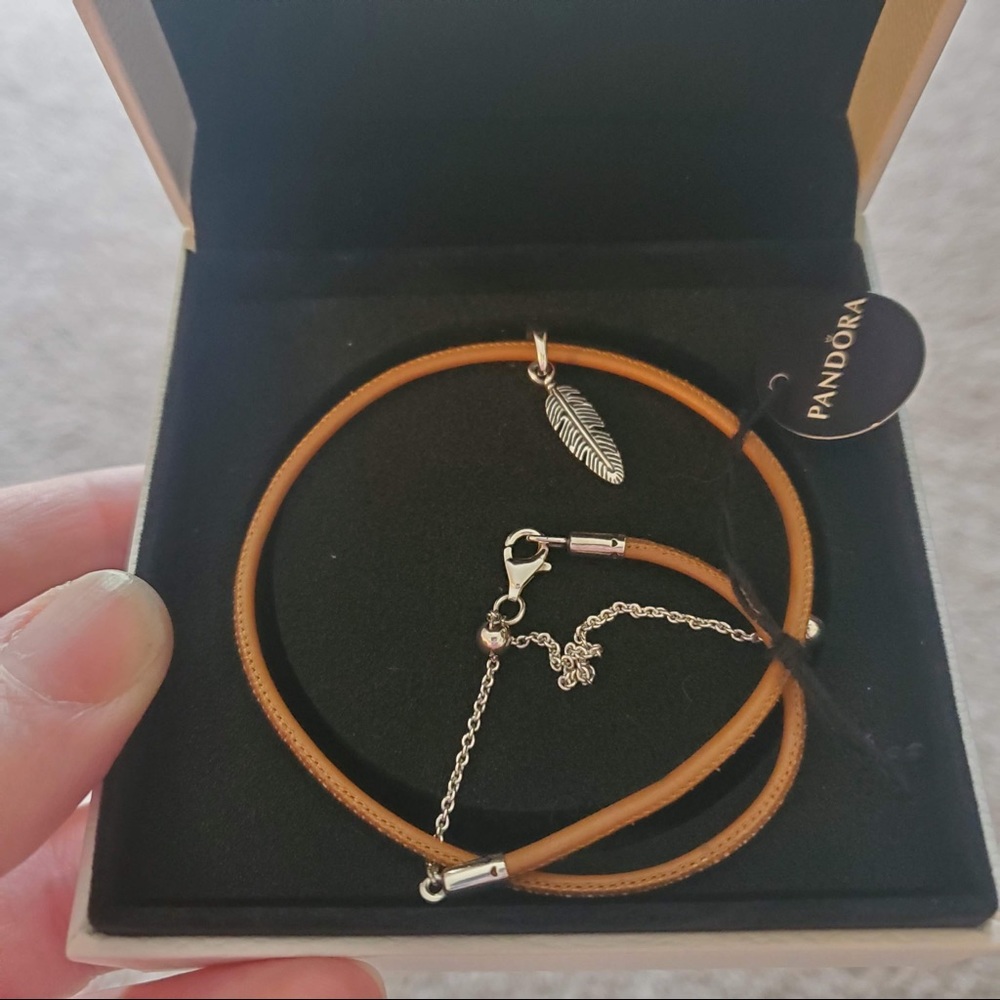 Pandora Leather Choker W/Feather Pendant